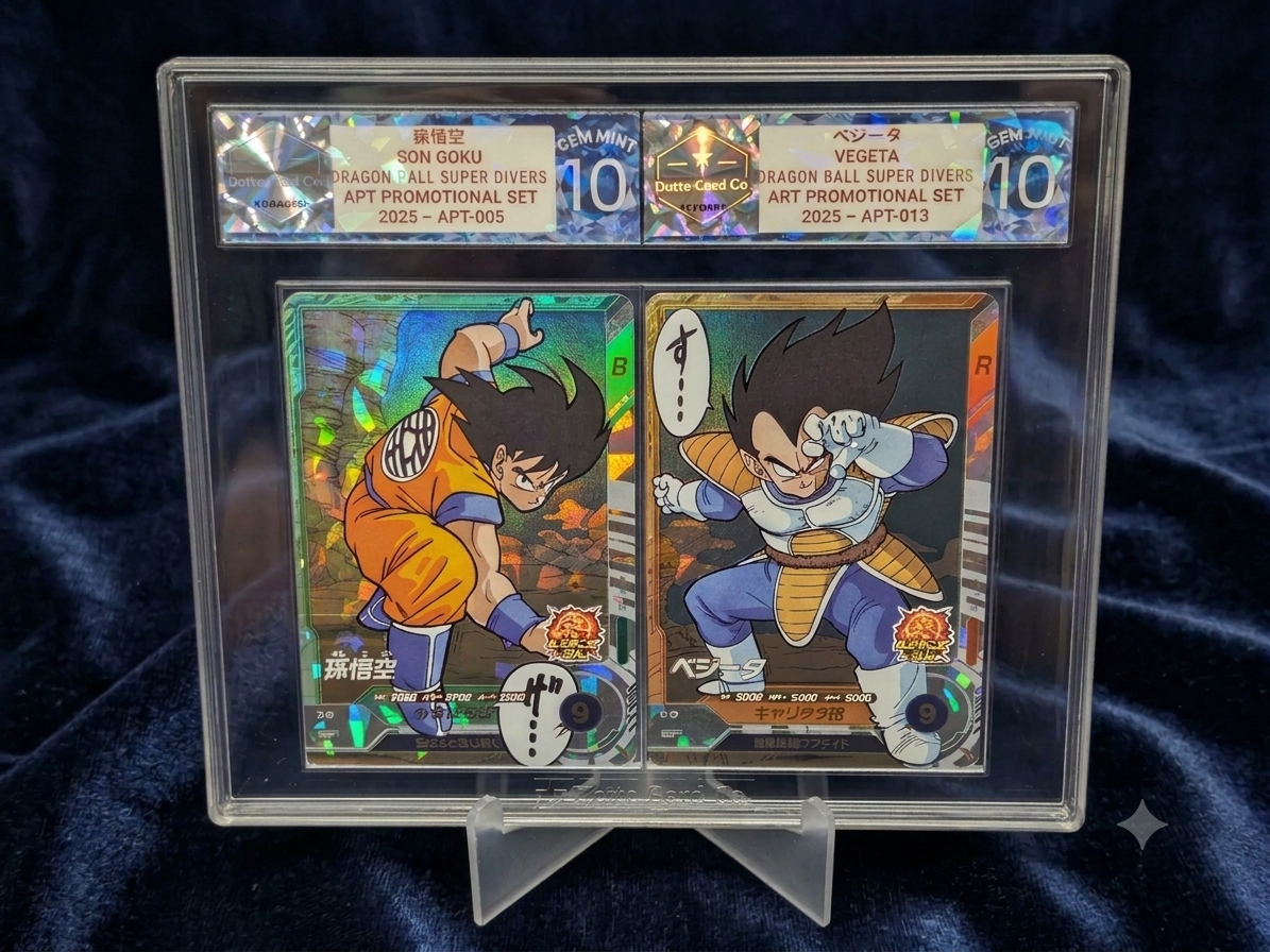 Dotto dual slab: Son Goku and Vegeta Dragon Ball Super Divers APT promo cards, both Gem Mint 10
