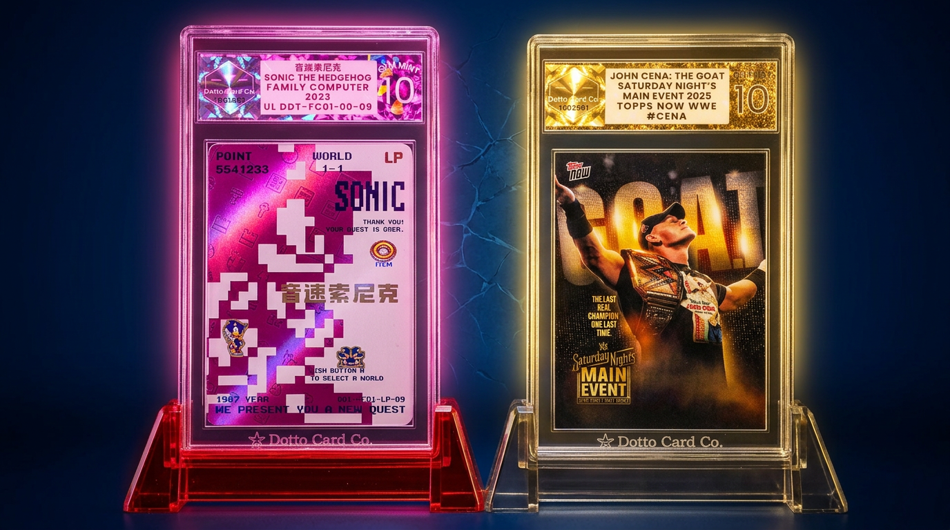 Two commemorative Dotto slabs, one with a pink unlicensed Sonic label and one with a gold John Cena GOAT label
