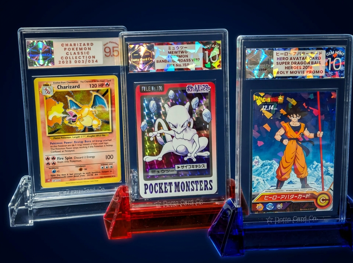 Three Dotto slabs showing a Pearl 9.5 Charizard, Ruby Vintage 10 Mewtwo, and Sapphire Gem Mint 10 Dragon Ball Heroes card